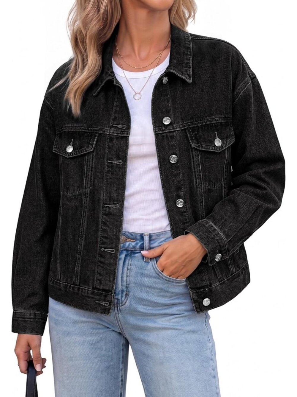 Women’s Washed Black Oversized Button Up Classic Casual Denim Jean Jacket